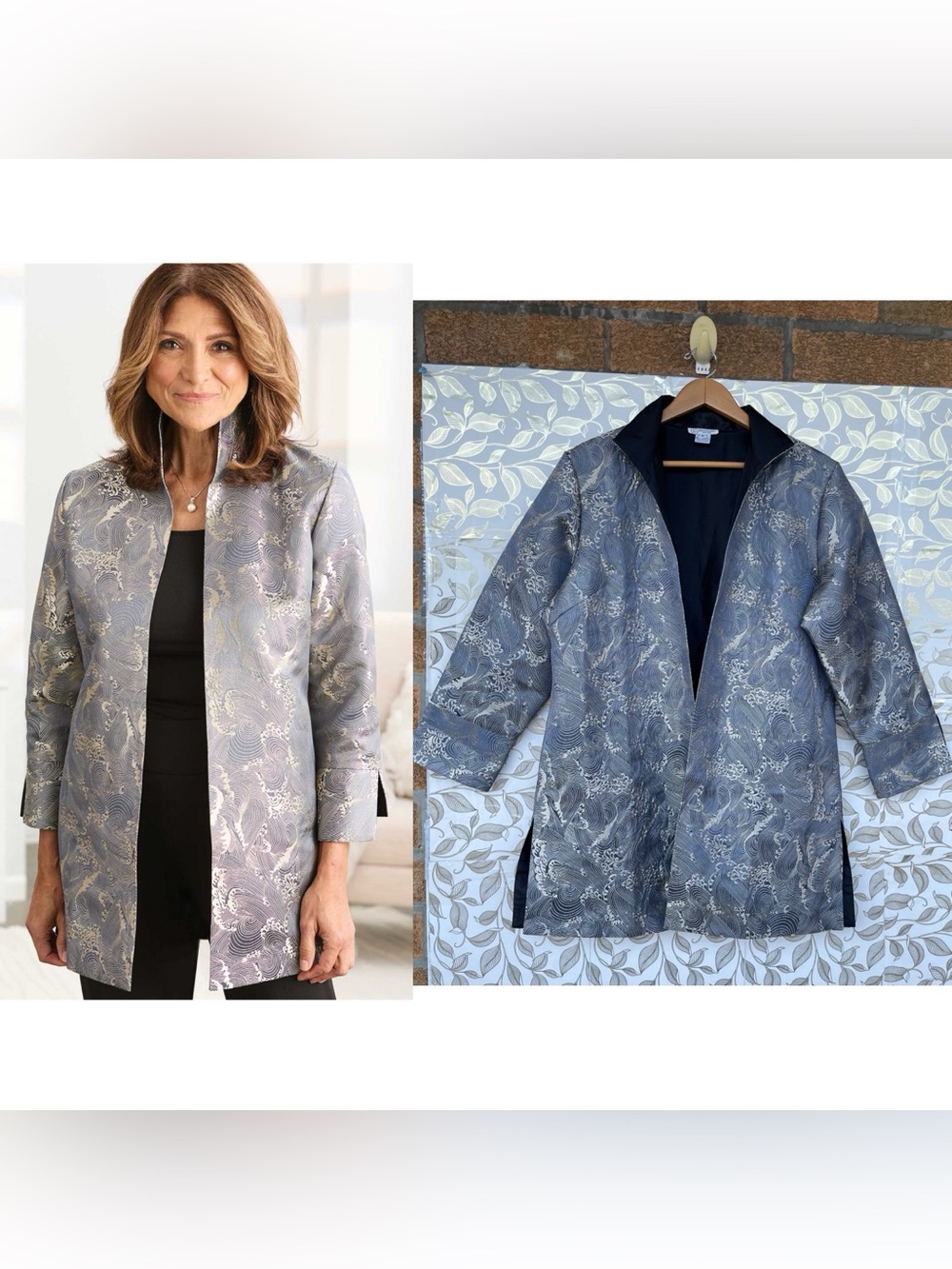 Grace Chuang Blue Brocade Kimono Jacket XL Vintage Swirl Wave Whimsigoth